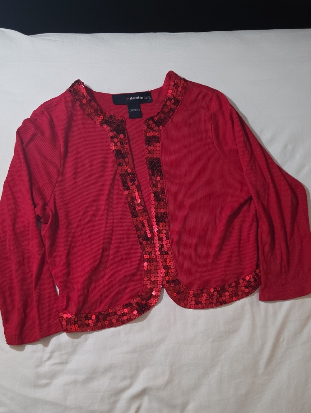 Denim 24/7 Red Sequin-Trim Open Cardigan